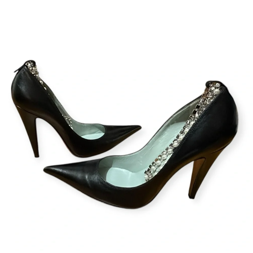 NWT Marc Jacobs Black Pointed-Toe Slingback Heels W/Crystal Embellished Strap, 8